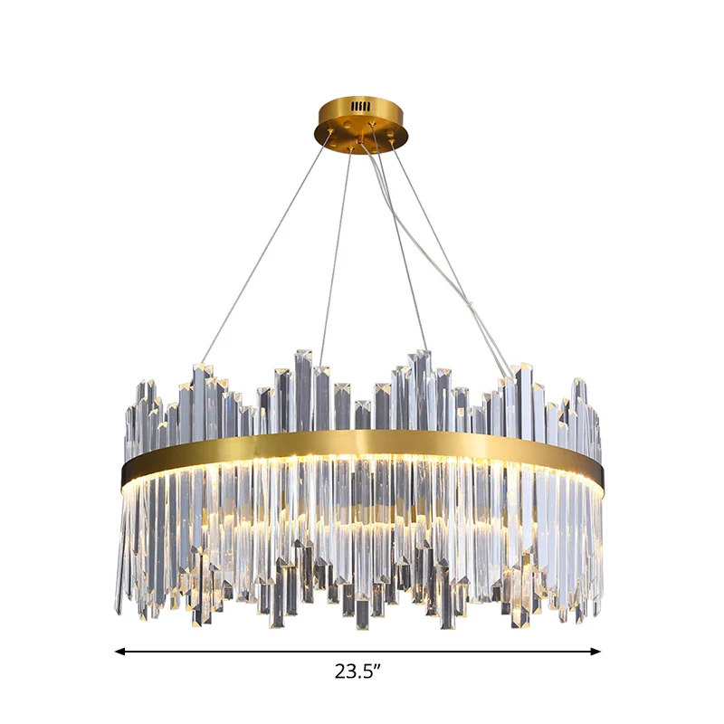 Ronde LED-kroonluchter met golvende afwerking, modern goud, 3-zijdig kristallen prisma, hangend plafondlicht, diameter 23,...