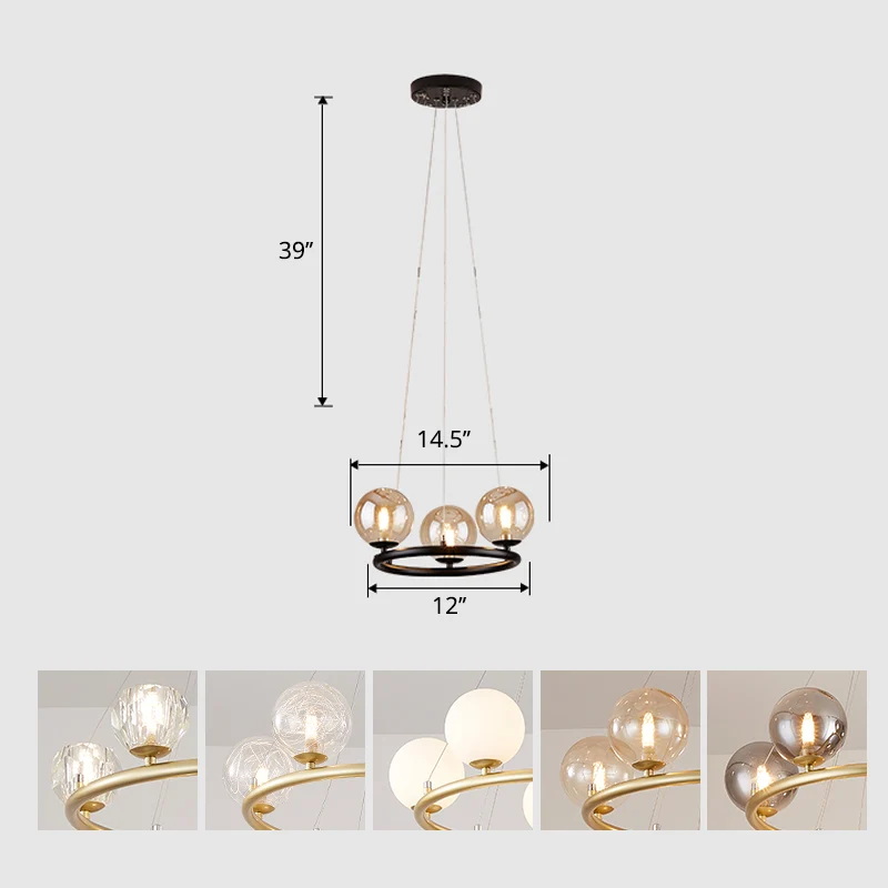 Ronde metalen hangende kroonluchter, postmoderne hanglamp met bolglazen kap Clearhalo