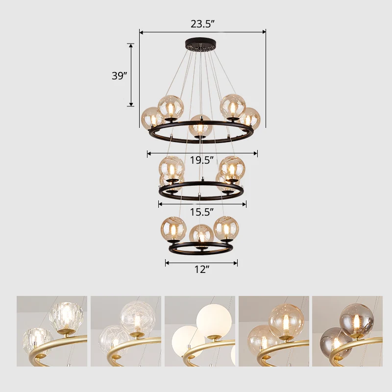 Ronde metalen hangende kroonluchter, postmoderne hanglamp met bolglazen kap Clearhalo