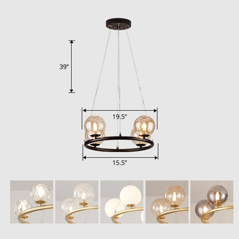 Ronde metalen hangende kroonluchter, postmoderne hanglamp met bolglazen kap Clearhalo