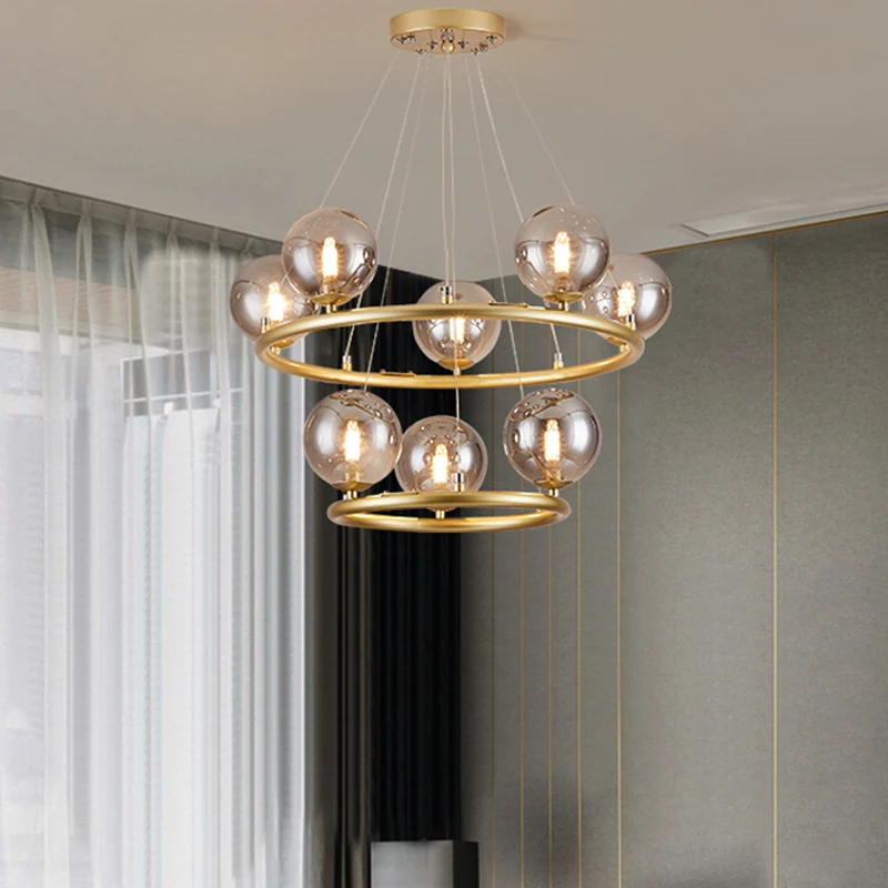 Ronde metalen hangende kroonluchter, postmoderne hanglamp met bolglazen kap Clearhalo