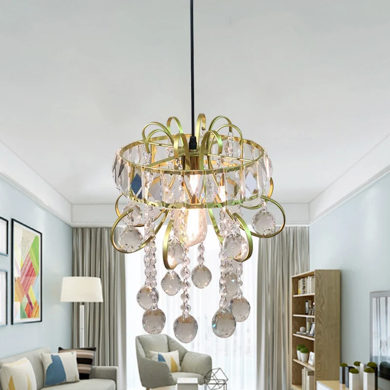 Ronde mini-hanglamp met ophanging, eenvoudig ijzeren frame, 1 lamp, gouden plafondlamp met kristallen druppel Clearhalo
