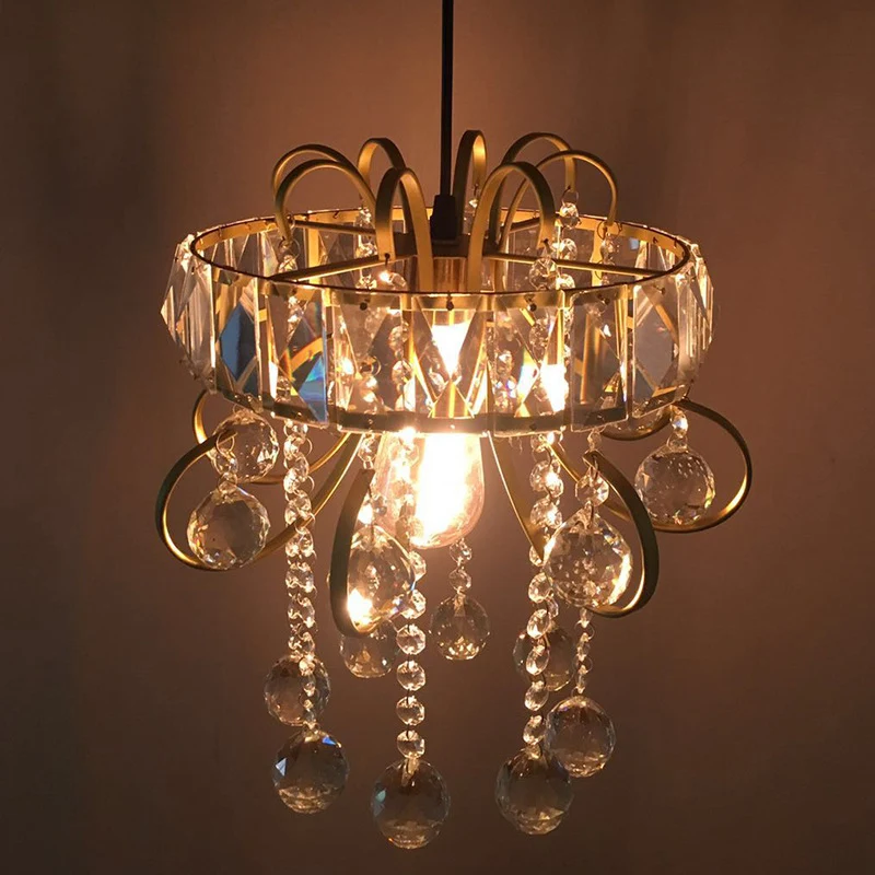 Ronde mini-hanglamp met ophanging, eenvoudig ijzeren frame, 1 lamp, gouden plafondlamp met kristallen druppel Clearhalo