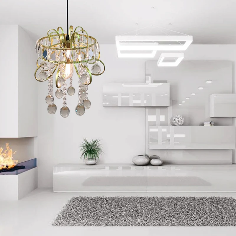 Ronde mini-hanglamp met ophanging, eenvoudig ijzeren frame, 1 lamp, gouden plafondlamp met kristallen druppel Clearhalo