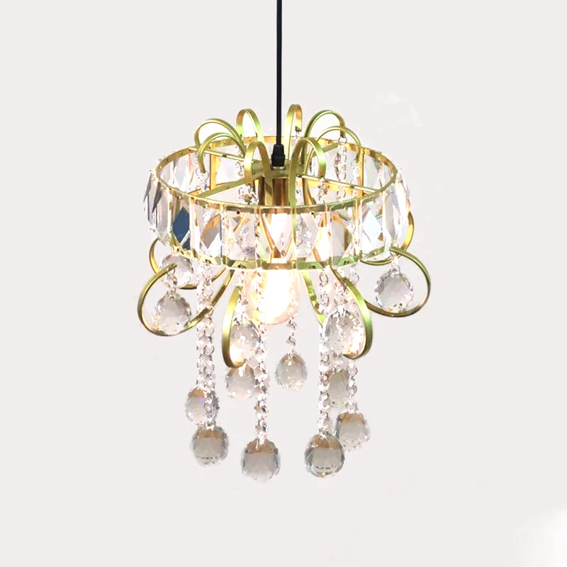 Ronde mini-hanglamp met ophanging, eenvoudig ijzeren frame, 1 lamp, gouden plafondlamp met kristallen druppel Clearhalo