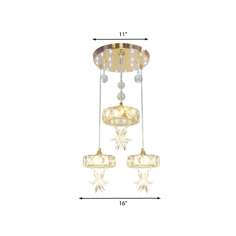 Ronde multi-hanglamp, eenvoudige stijl, kristal, 3 koppen, gouden afwerking, plafondophanging met sterontwerp Clearhalo