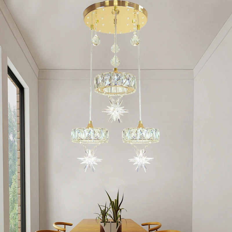 Ronde multi-hanglamp, eenvoudige stijl, kristal, 3 koppen, gouden afwerking, plafondophanging met sterontwerp Clearhalo