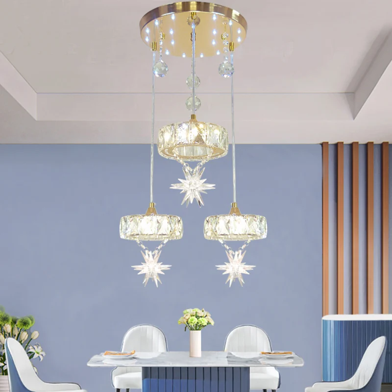 Ronde multi-hanglamp, eenvoudige stijl, kristal, 3 koppen, gouden afwerking, plafondophanging met sterontwerp Clearhalo