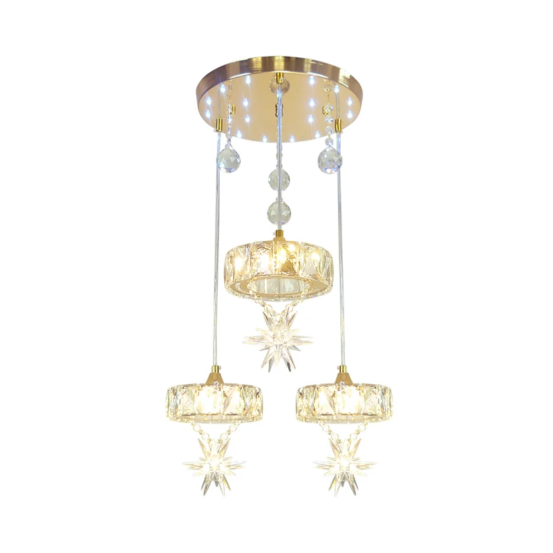 Ronde multi-hanglamp, eenvoudige stijl, kristal, 3 koppen, gouden afwerking, plafondophanging met sterontwerp Clearhalo