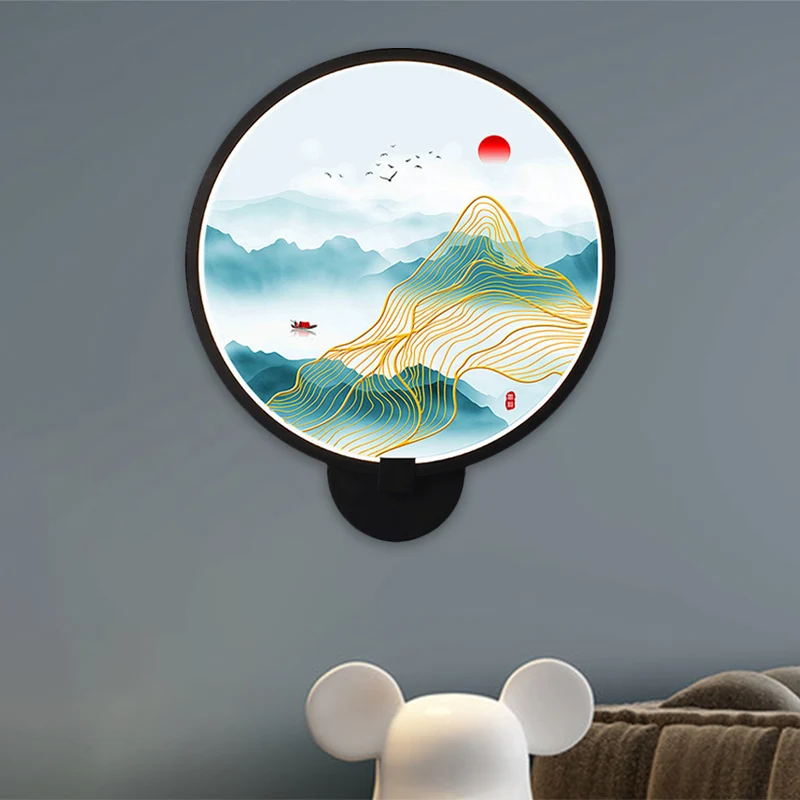 Ronde natuurlijke weergave wandlamp Chinese metalen LED zwarte muurmuurschildering voor slaapkamer Clearhalo