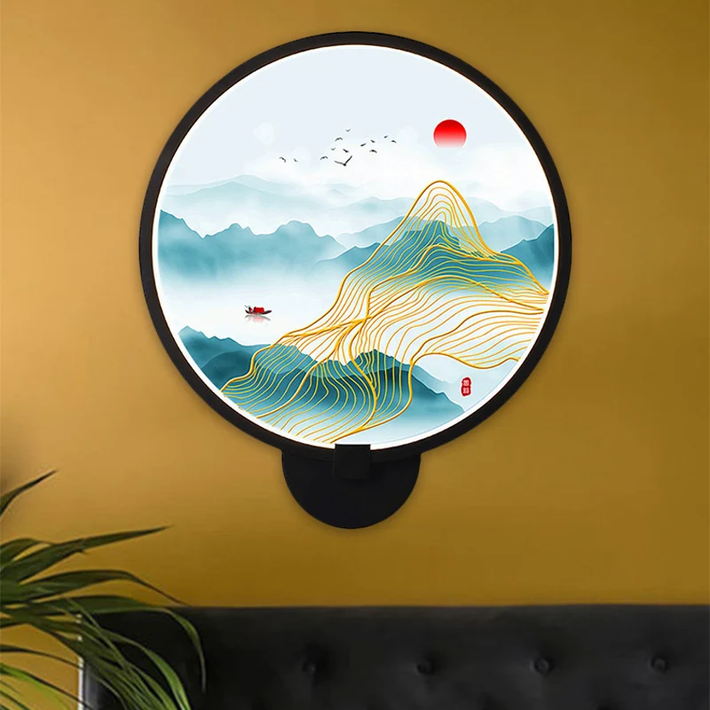 Ronde natuurlijke weergave wandlamp Chinese metalen LED zwarte muurmuurschildering voor slaapkamer Clearhalo
