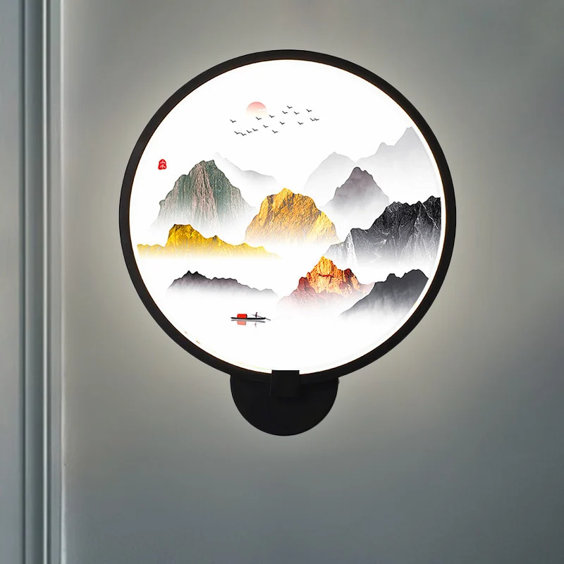 Ronde natuurlijke weergave wandlamp Chinese metalen LED zwarte muurmuurschildering voor slaapkamer Clearhalo