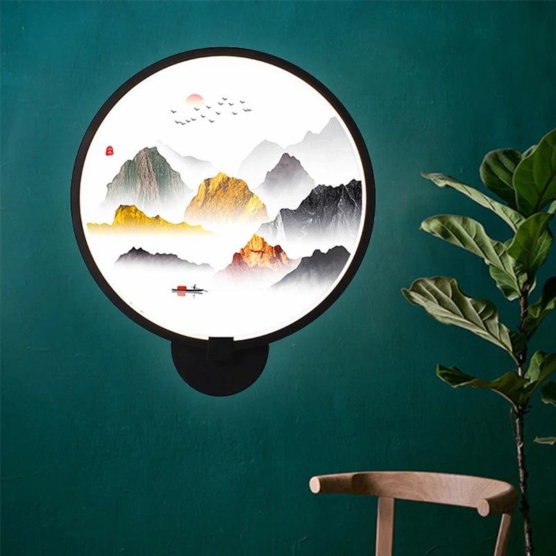 Ronde natuurlijke weergave wandlamp Chinese metalen LED zwarte muurmuurschildering voor slaapkamer Clearhalo