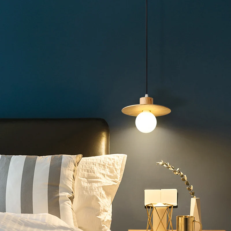 Ronde neerwaartse mini-hanglamp minimalisme houten LED-slaapkamer plafond hanglamp beige Clearhalo