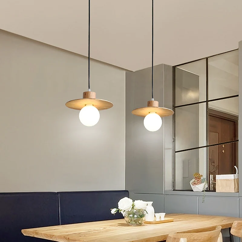 Ronde neerwaartse mini-hanglamp minimalisme houten LED-slaapkamer plafond hanglamp beige Clearhalo