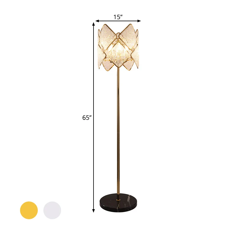 Ronde Parlor Staande Vloerlamp Modern Helder Kristal Strand 1 Kops Goud/Chroom Vloerlamp met Ruitontwerp Clearhalo