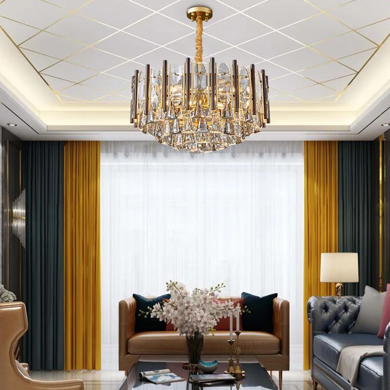 Ronde plafondkroonluchter Postmodern Teardrop Crystal 7-lichts gouden hanglampset Clearhalo
