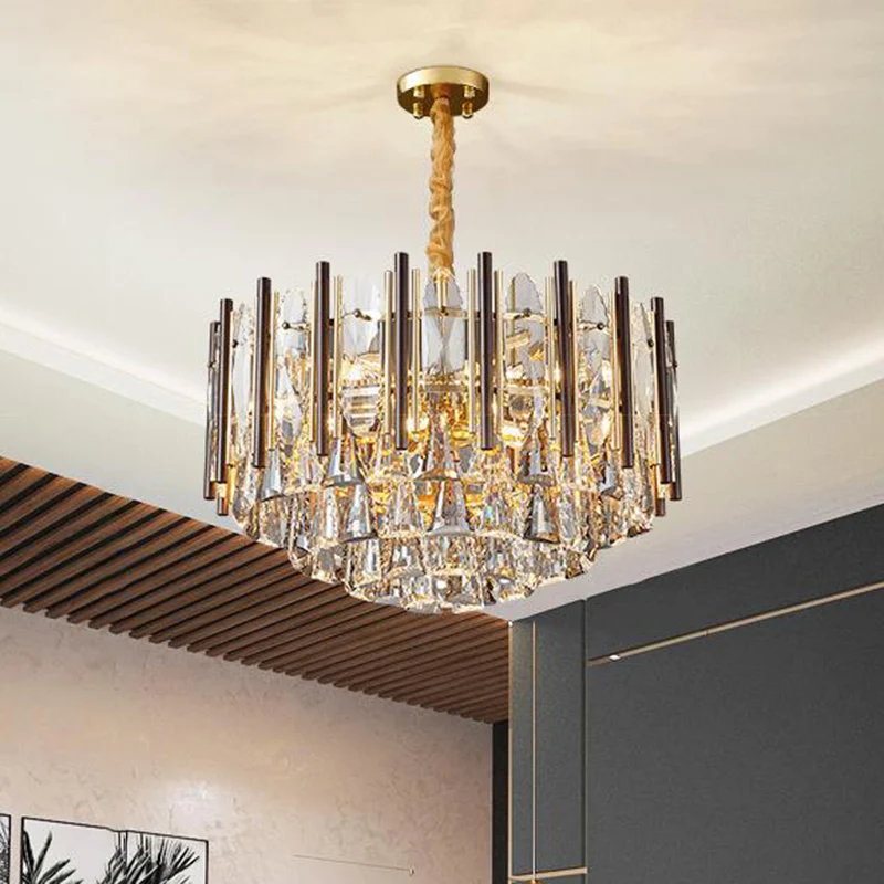 Ronde plafondkroonluchter Postmodern Teardrop Crystal 7-lichts gouden hanglampset Clearhalo