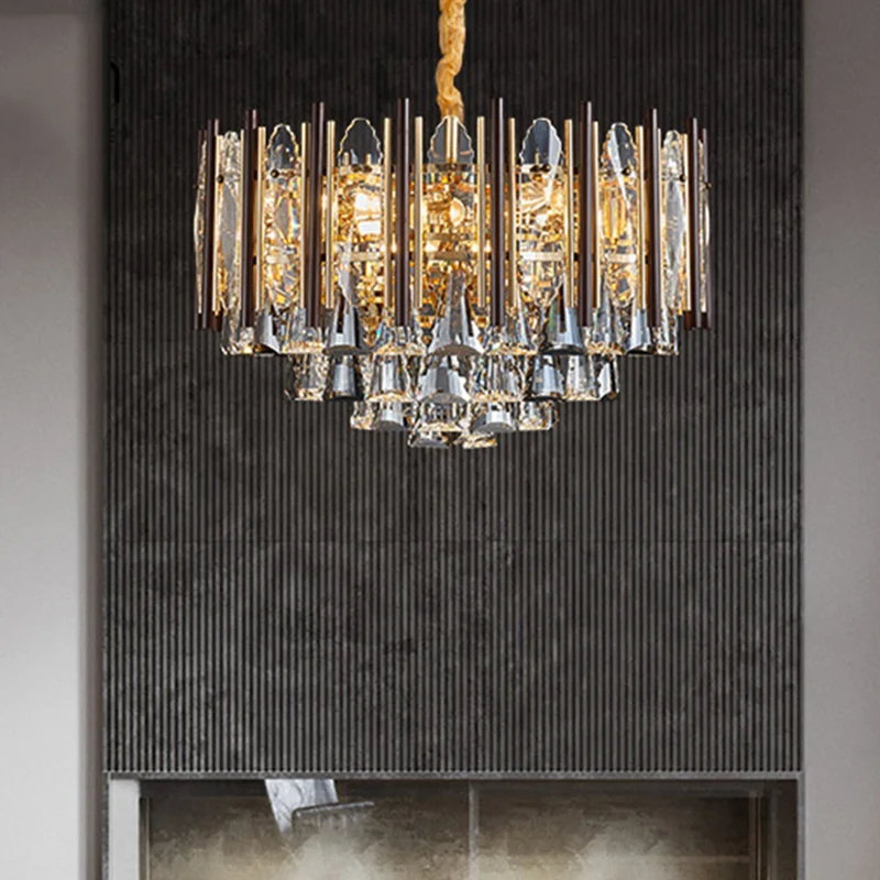 Ronde plafondkroonluchter Postmodern Teardrop Crystal 7-lichts gouden hanglampset Clearhalo