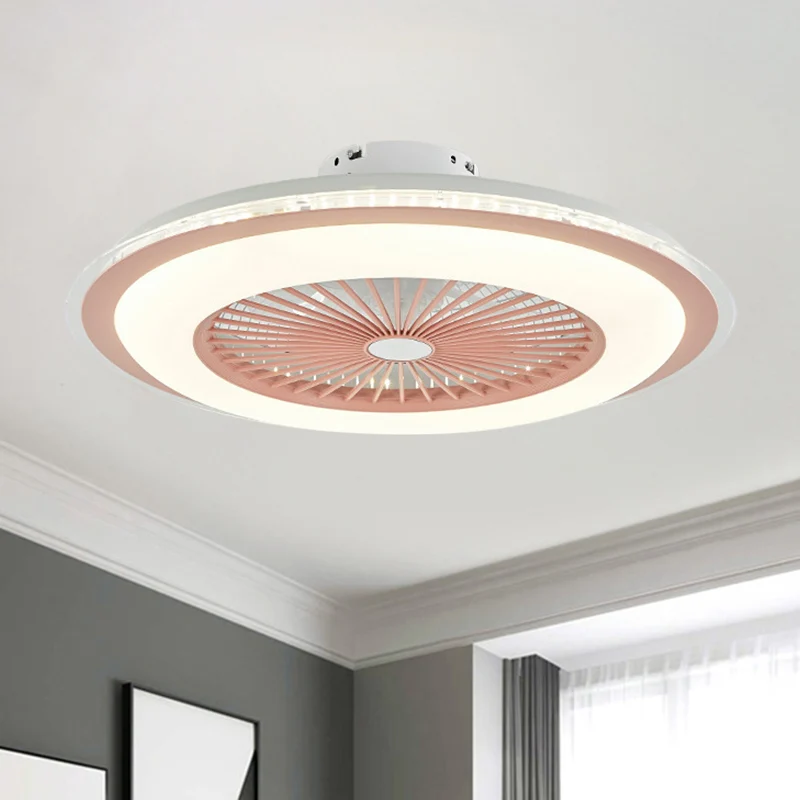 Ronde plafondventilatorlamp, minimalistisch metaal, 60 cm brede LED-semi-inbouwlamp met witte/roze afwerking Clearhalo
