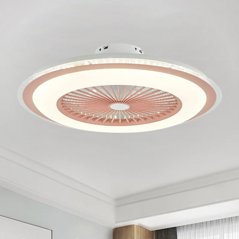 Ronde plafondventilatorlamp, minimalistisch metaal, 60 cm brede LED-semi-inbouwlamp met witte/roze afwerking Clearhalo