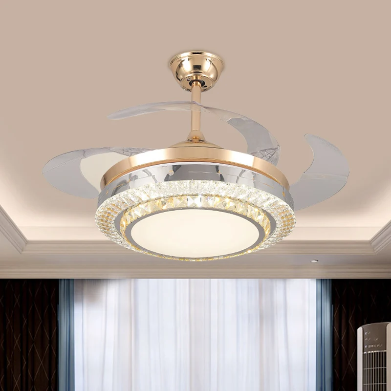 Ronde, semi-inbouwmontage met 3 bladen, minimalistisch kristallen blok, 19 inch breed LED-gouden plafondventilatorlicht Cl...