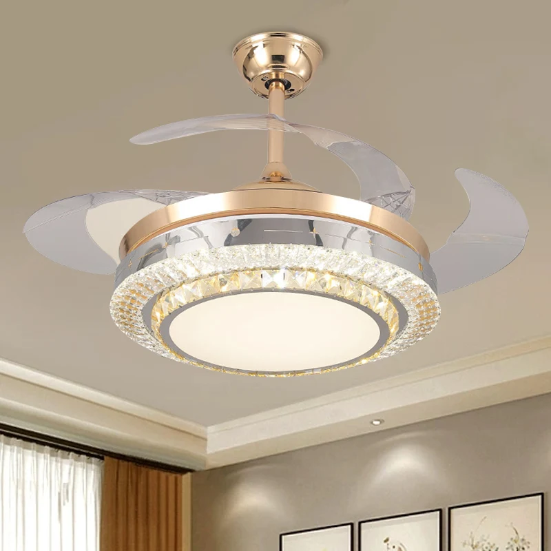 Ronde, semi-inbouwmontage met 3 bladen, minimalistisch kristallen blok, 19 inch breed LED-gouden plafondventilatorlicht Cl...