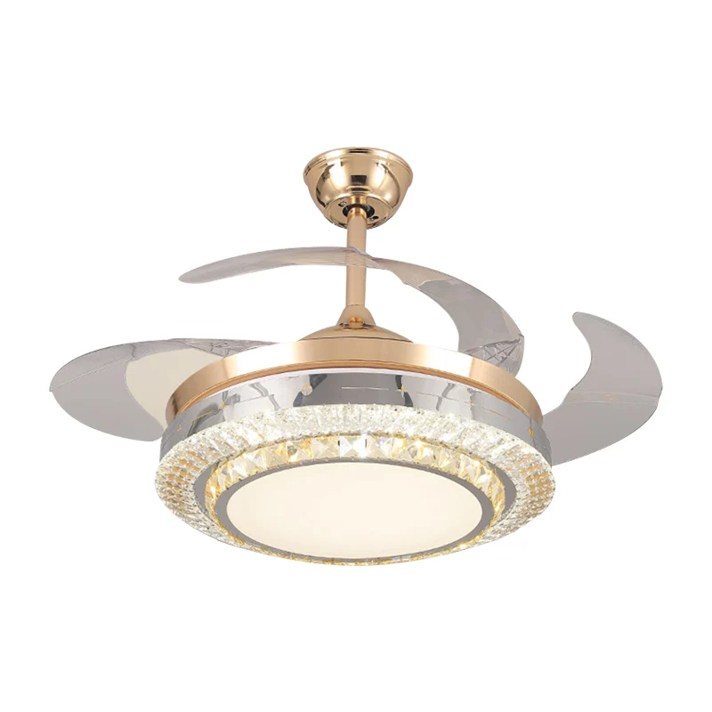 Ronde, semi-inbouwmontage met 3 bladen, minimalistisch kristallen blok, 19 inch breed LED-gouden plafondventilatorlicht Cl...