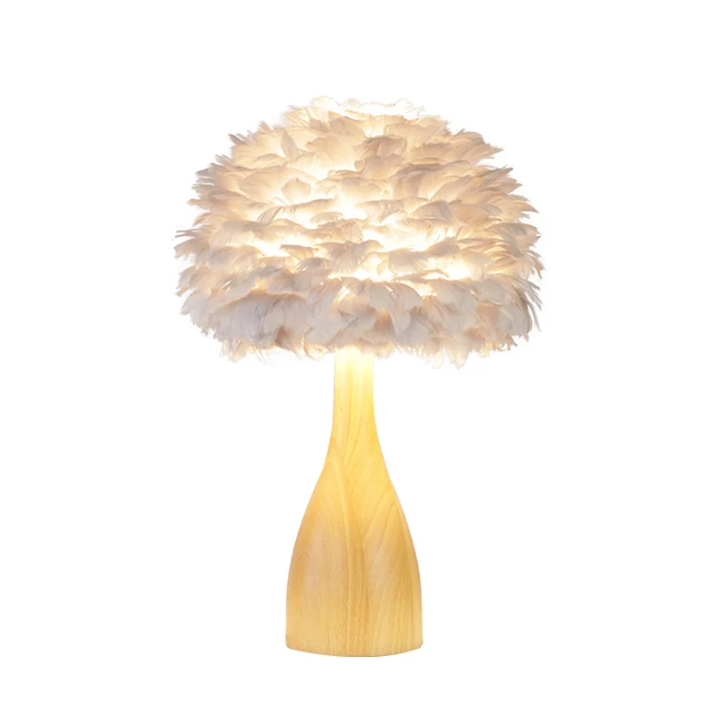 Ronde studeerkamer nachttafellamp Feather 1-koppige minimalistische bureaulamp met fleshouten voet wit Clearhalo