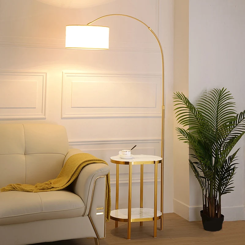 Ronde vloerverlichting, eenvoudige stijl, stof, 1 lamp, woonkamer, gebogen staande lamp met plank Clearhalo