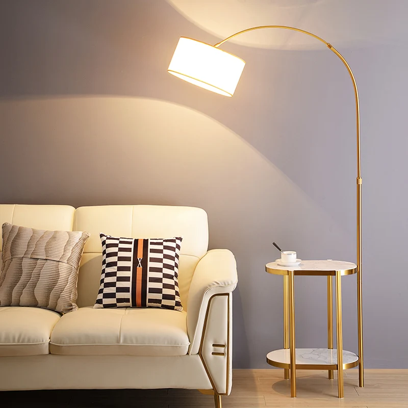 Ronde vloerverlichting, eenvoudige stijl, stof, 1 lamp, woonkamer, gebogen staande lamp met plank Clearhalo