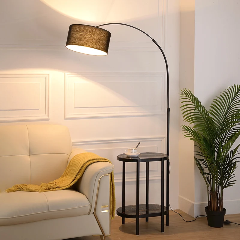 Ronde vloerverlichting, eenvoudige stijl, stof, 1 lamp, woonkamer, gebogen staande lamp met plank Clearhalo
