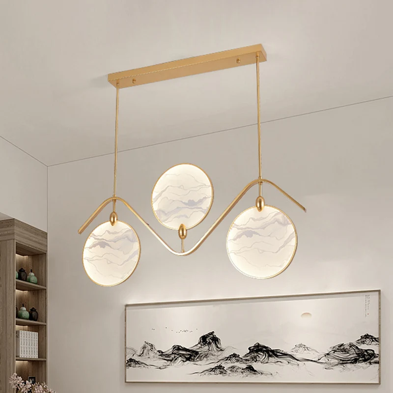 Ronde, waaiervormige eilandlamp Moderne acryl LED Tearoom hanglamp met landschapsprint Clearhalo