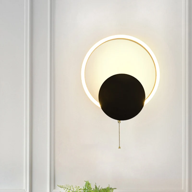 Ronde wandmontagelamp Minimale acryl LED-slaapkamerkandelaar zwart met trekketting Clearhalo