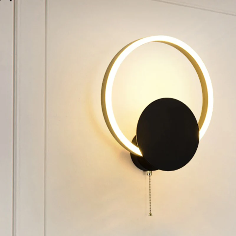 Ronde wandmontagelamp Minimale acryl LED-slaapkamerkandelaar zwart met trekketting Clearhalo