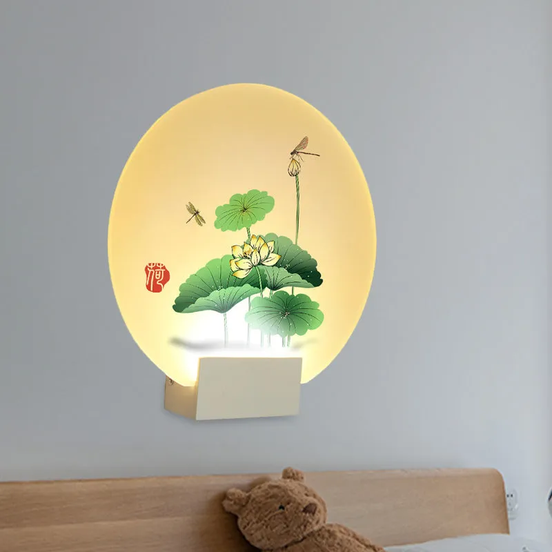 Ronde wandverlichting Azië-stijl, acryl LED-muurschildering licht wit met lotusblad en libelpatroon Clearhalo