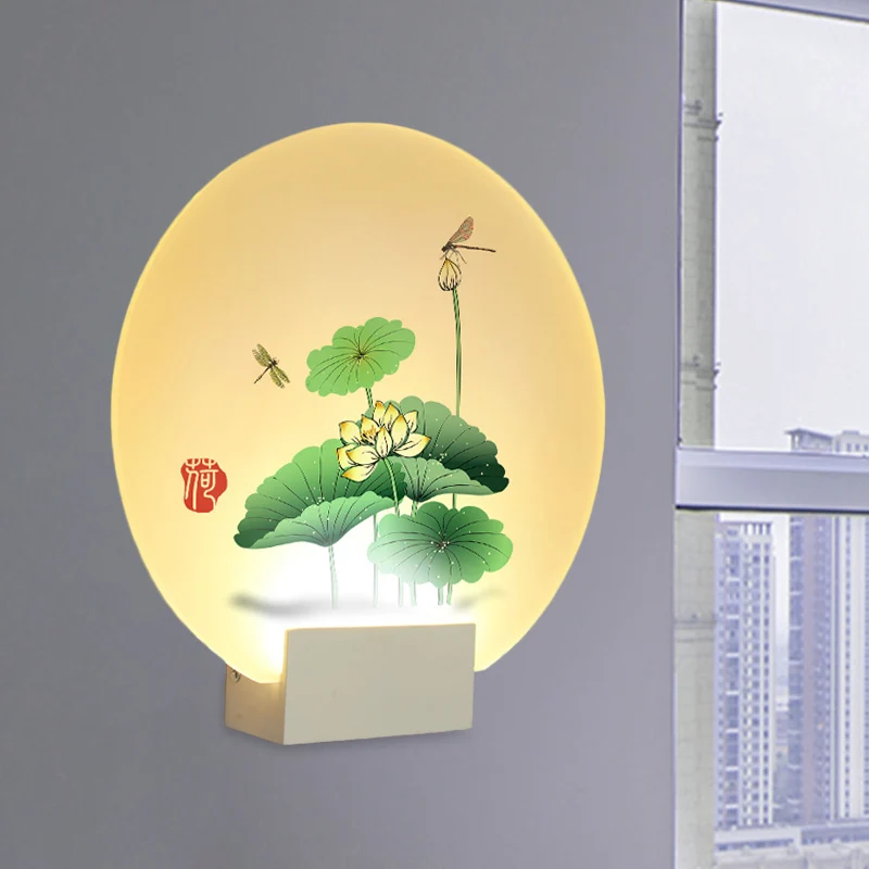 Ronde wandverlichting Azië-stijl, acryl LED-muurschildering licht wit met lotusblad en libelpatroon Clearhalo