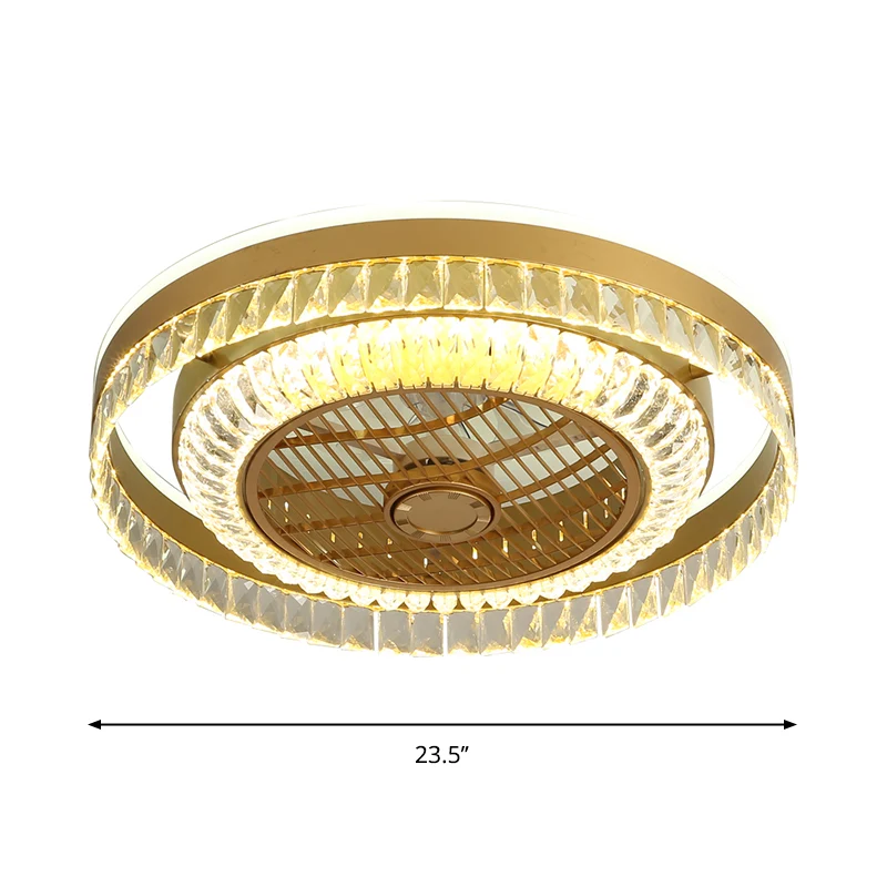 Ronde woonkamer plafondventilatorlamp Crystal Block LED modernistisch 4 bladen semi-inbouwlicht goud, 23,5" W Clearhalo