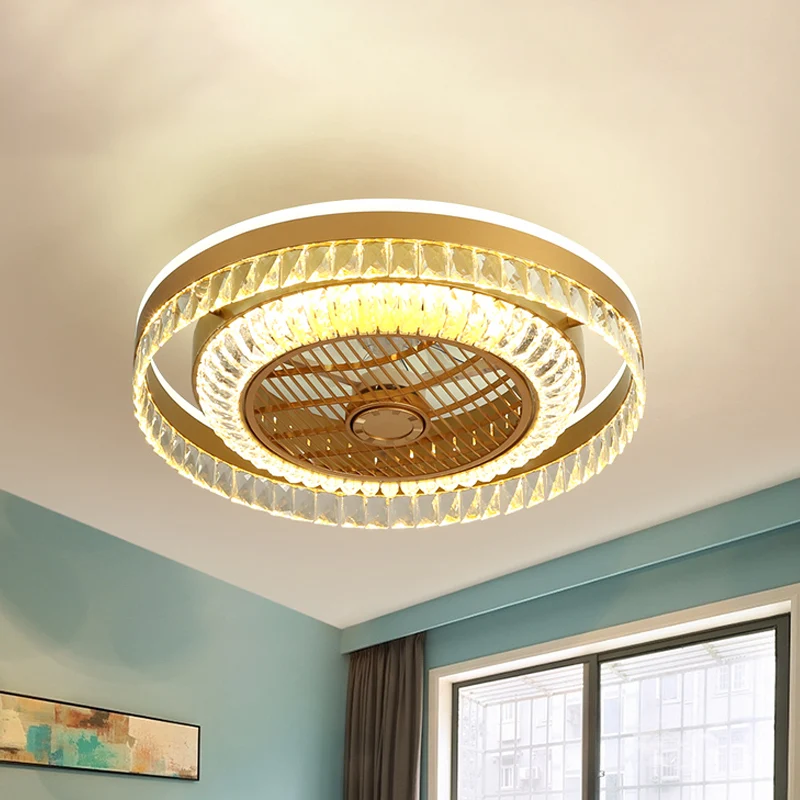 Ronde woonkamer plafondventilatorlamp Crystal Block LED modernistisch 4 bladen semi-inbouwlicht goud, 23,5" W Clearhalo
