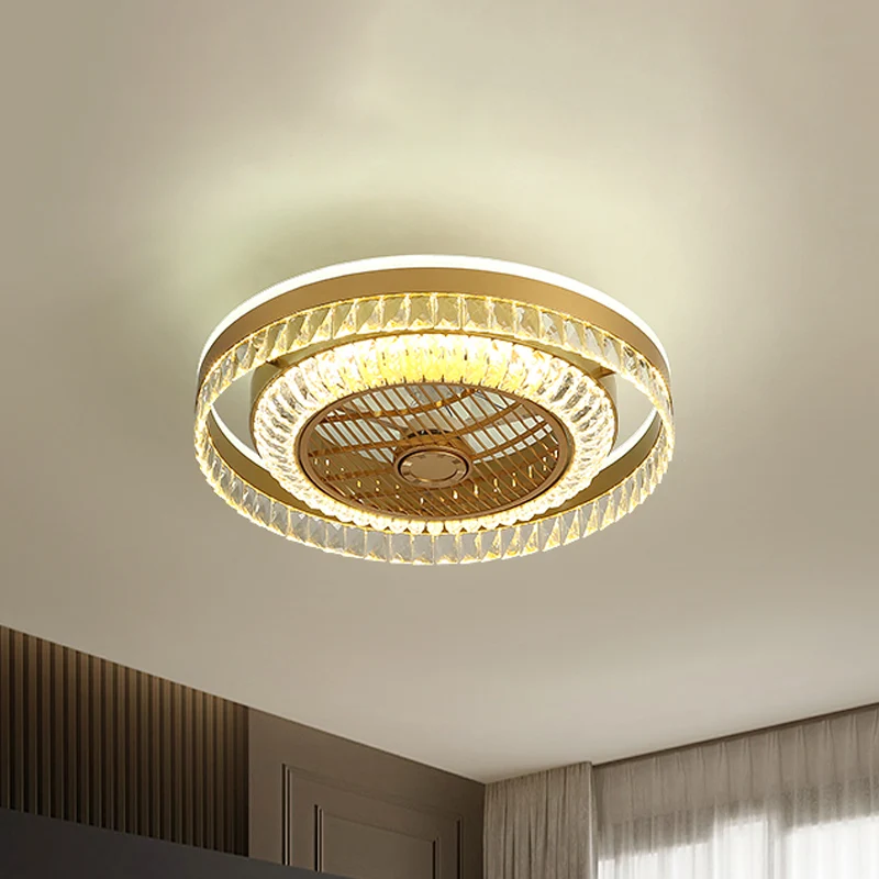 Ronde woonkamer plafondventilatorlamp Crystal Block LED modernistisch 4 bladen semi-inbouwlicht goud, 23,5" W Clearhalo
