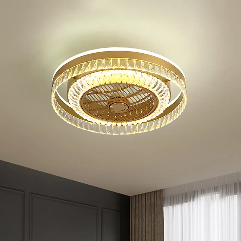 Ronde woonkamer plafondventilatorlamp Crystal Block LED modernistisch 4 bladen semi-inbouwlicht goud, 23,5" W Clearhalo