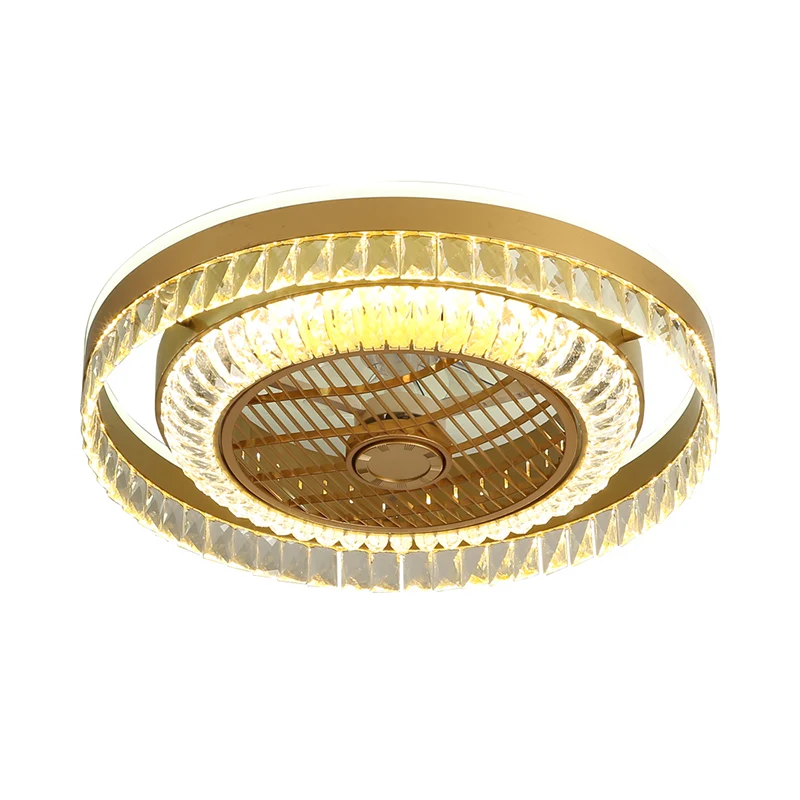 Ronde woonkamer plafondventilatorlamp Crystal Block LED modernistisch 4 bladen semi-inbouwlicht goud, 23,5" W Clearhalo