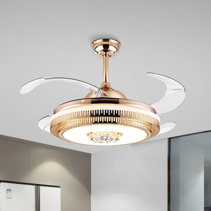 Ronde woonkamerventilator Verlichting Modernisme Kristal 4-bladige gouden LED semi-inbouw plafondlamp, 42" breed Clearhalo