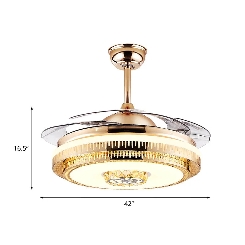 Ronde woonkamerventilator Verlichting Modernisme Kristal 4-bladige gouden LED semi-inbouw plafondlamp, 42" breed Clearhalo
