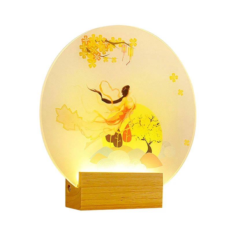 Rondvormige slaapkamergodin wandverlichting acryl LED Chinese stijl muurschildering lamp hout Clearhalo