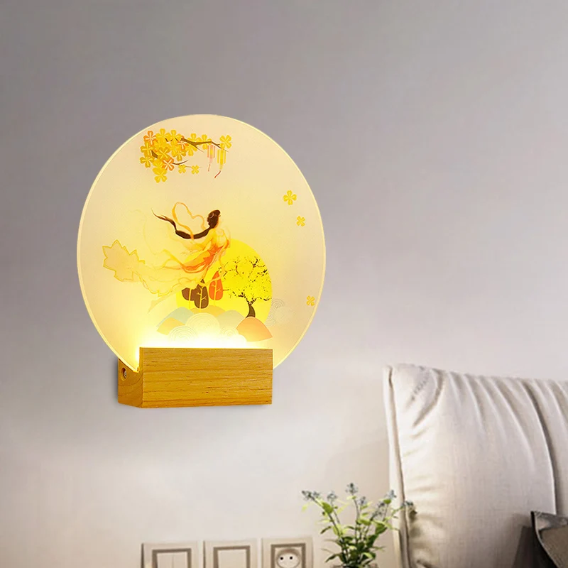 Rondvormige slaapkamergodin wandverlichting acryl LED Chinese stijl muurschildering lamp hout Clearhalo