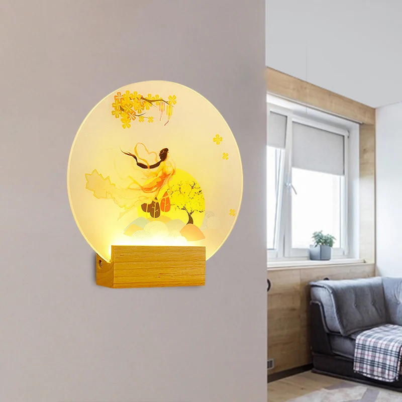 Rondvormige slaapkamergodin wandverlichting acryl LED Chinese stijl muurschildering lamp hout Clearhalo