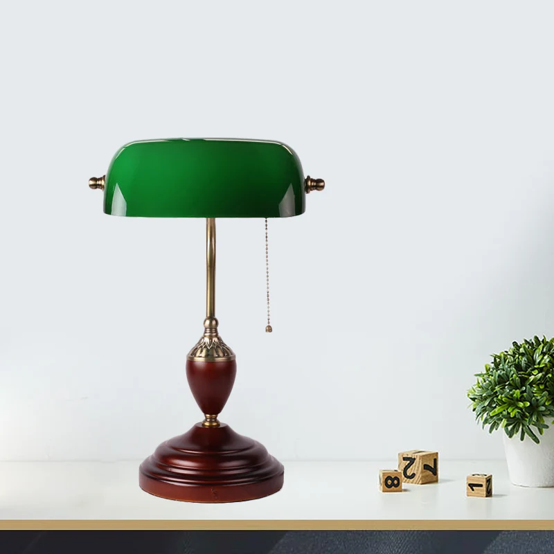 Roodbruine 1-lichts tafelverlichting Retro groen glazen halve cilinder nachtlamp met trekketting Clearhalo