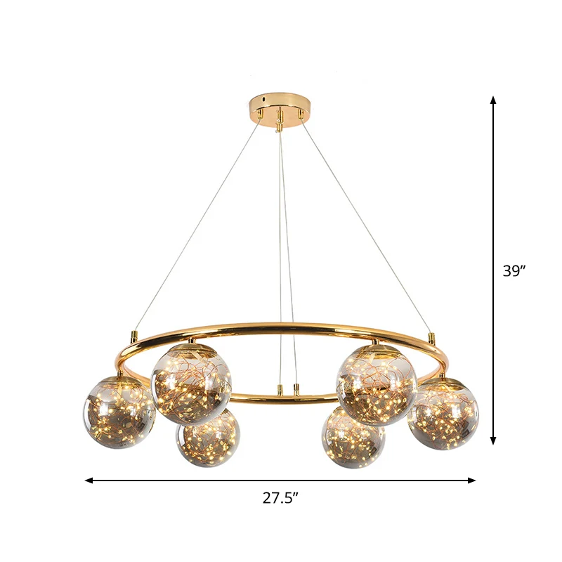 Rookgrijs glazen bol plafondkroonluchter modernistisch 6 koppen messing ring hangende verlichting met gloeiwormontwerp aan...