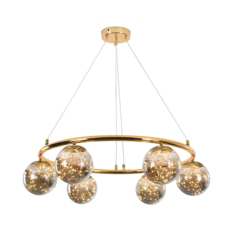 Rookgrijs glazen bol plafondkroonluchter modernistisch 6 koppen messing ring hangende verlichting met gloeiwormontwerp aan...